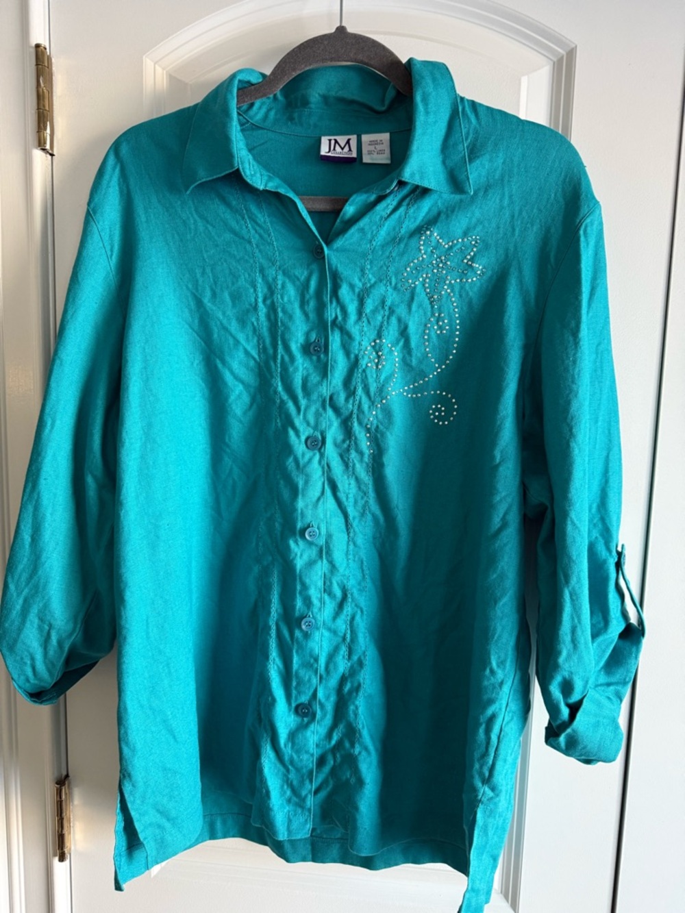 Gorgeous Teal Button-Up Linen Shirt w. Roll-up Sleeves & Rhinestone Detail, L